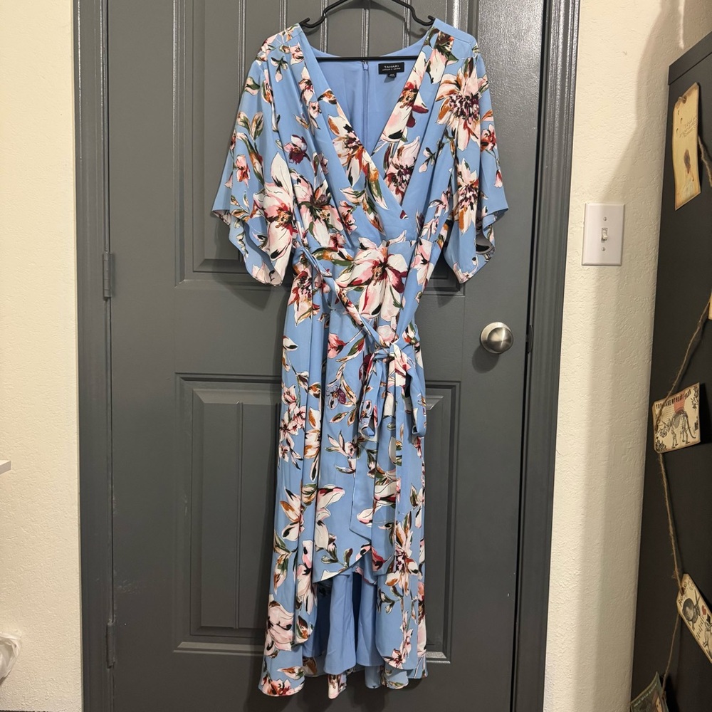 Tahari Plus Size Floral High Low Dress in Blue and Pink